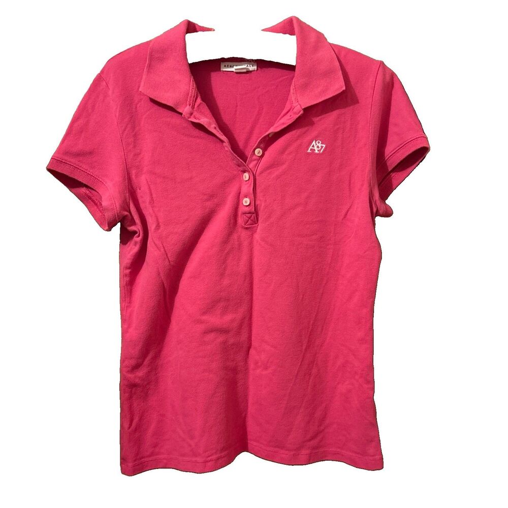 Women’s Aéropostale Pink Solid Knit Polo Shirt Collared Logo Button Size XL